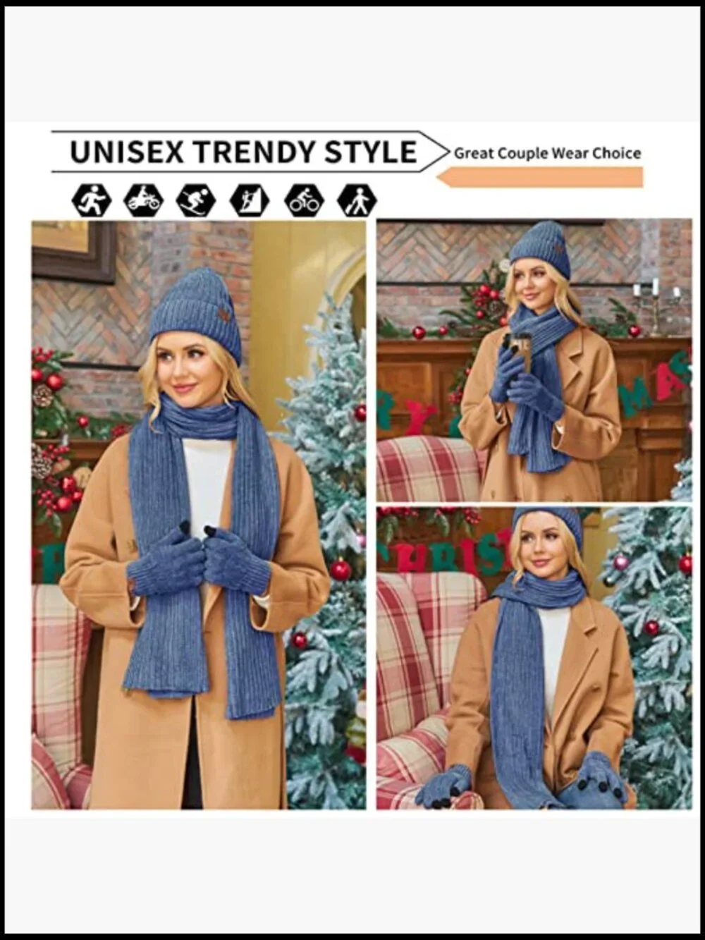 Womens Winter Knit Warm Hat Beanie Long Scarf Touch Screen Gloves Set 3pc